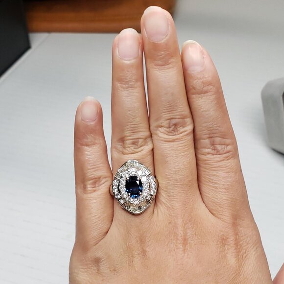 Luxury Blue Sapphire and Diamond In 18k White Gold Ring Classy and Elegant - Picture 2 of 16